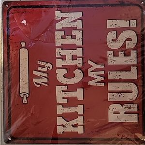 Kitchen Sign, Metal, Size 12in x 12in, Red, White, and Black.